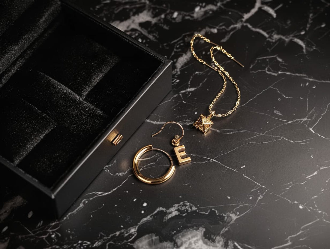 Solid 14K gold gift pieces: slim hoops, an initial charm pendant and faceted studs beside a black jewelry box