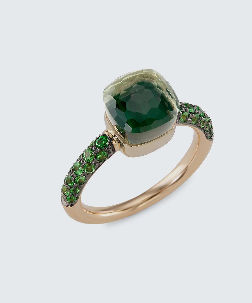 Rose Gold Multistone Ring in a sleek high-contrast midnight luxury editorial style