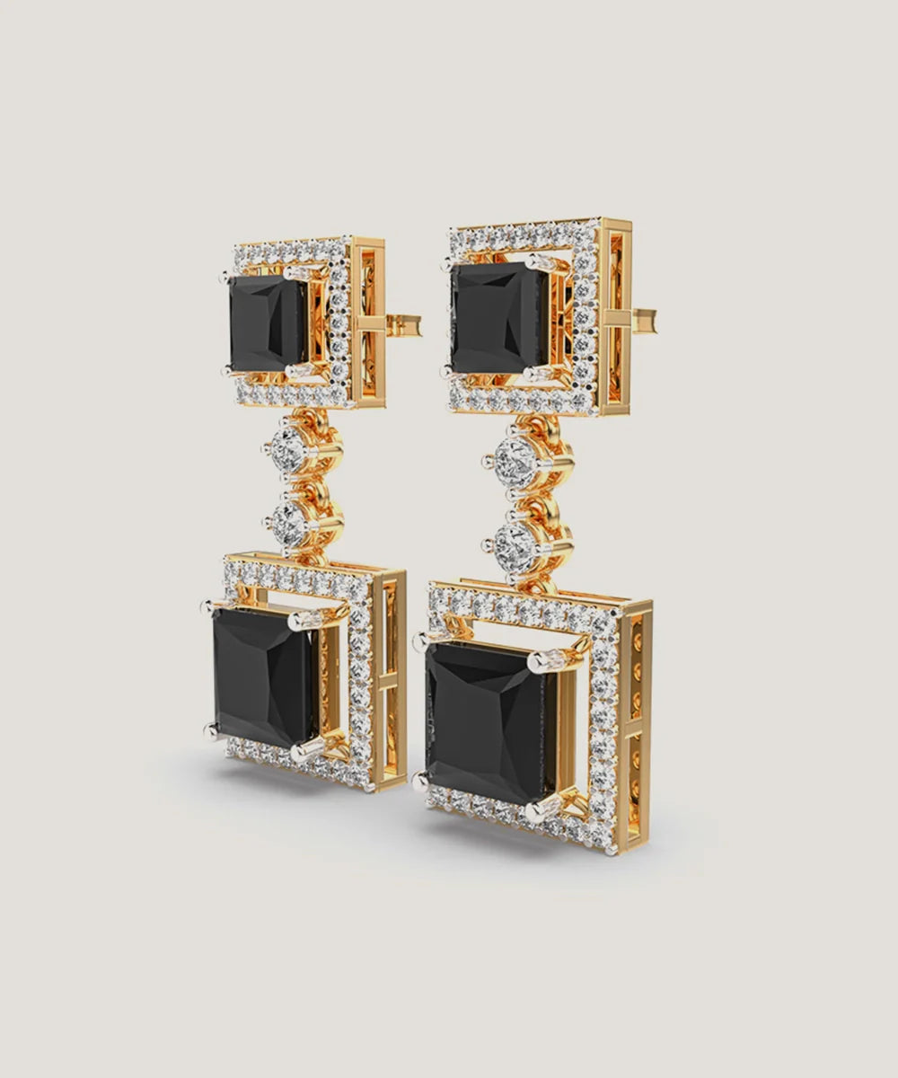 Stone Drop Earrings in a sleek high-contrast midnight luxury editorial style