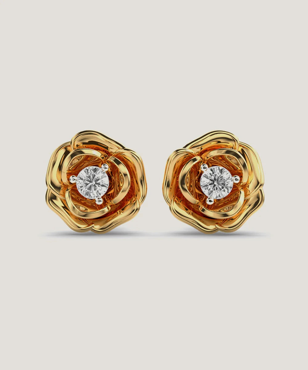 Rose Flower Stud Earrings in a sleek high-contrast midnight luxury editorial style