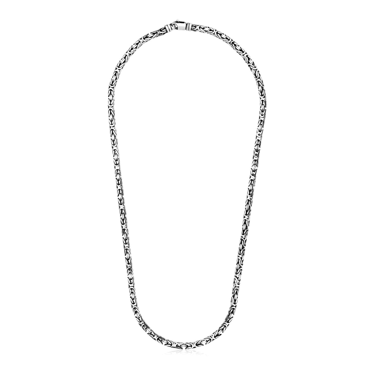 Sterling Silver Gunmetal Finish Byzantine Chain Necklace in a sleek high-contrast midnight luxury editorial style