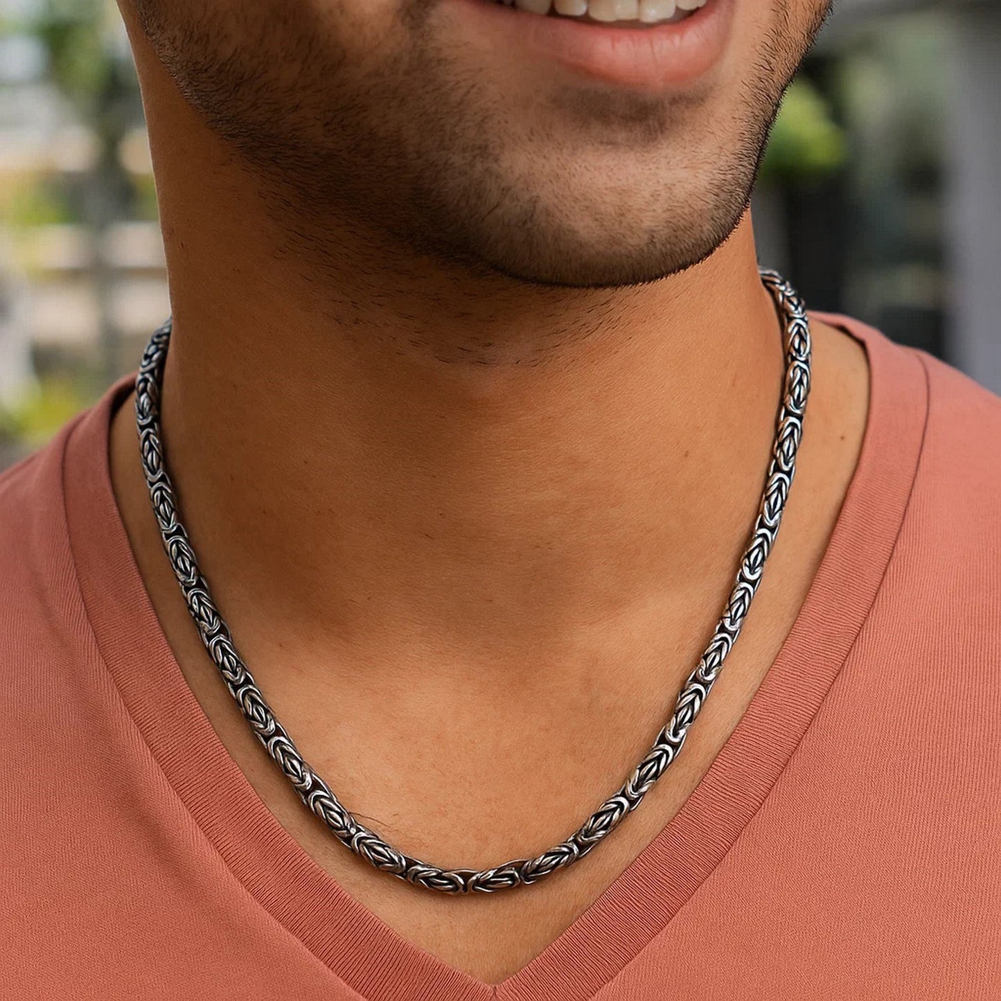 Sterling Silver Gunmetal Finish Byzantine Chain Necklace