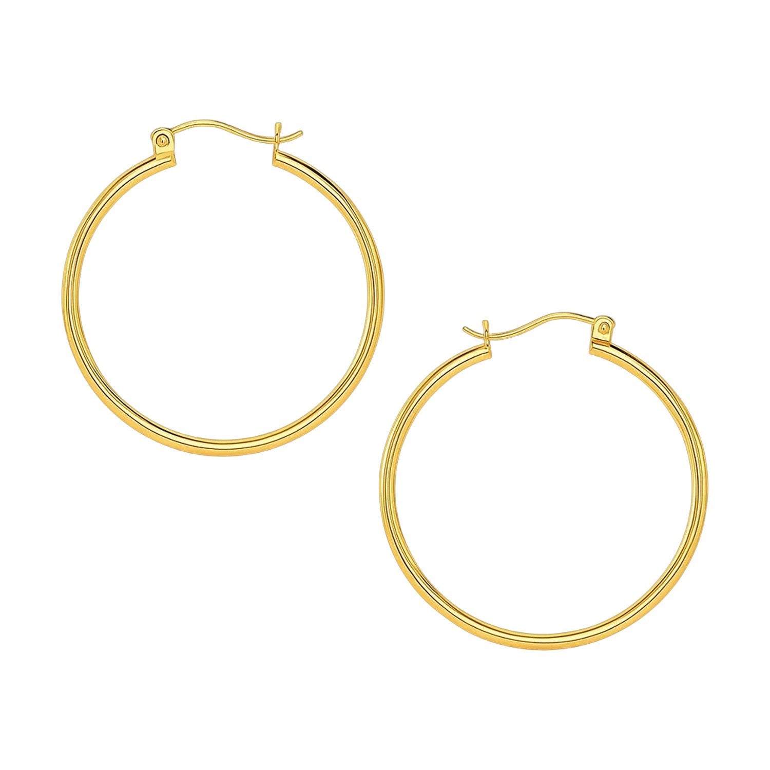 14k Yellow Gold Polished Hoop Earrings (1.5x40mm) in a sleek high-contrast midnight luxury editorial style