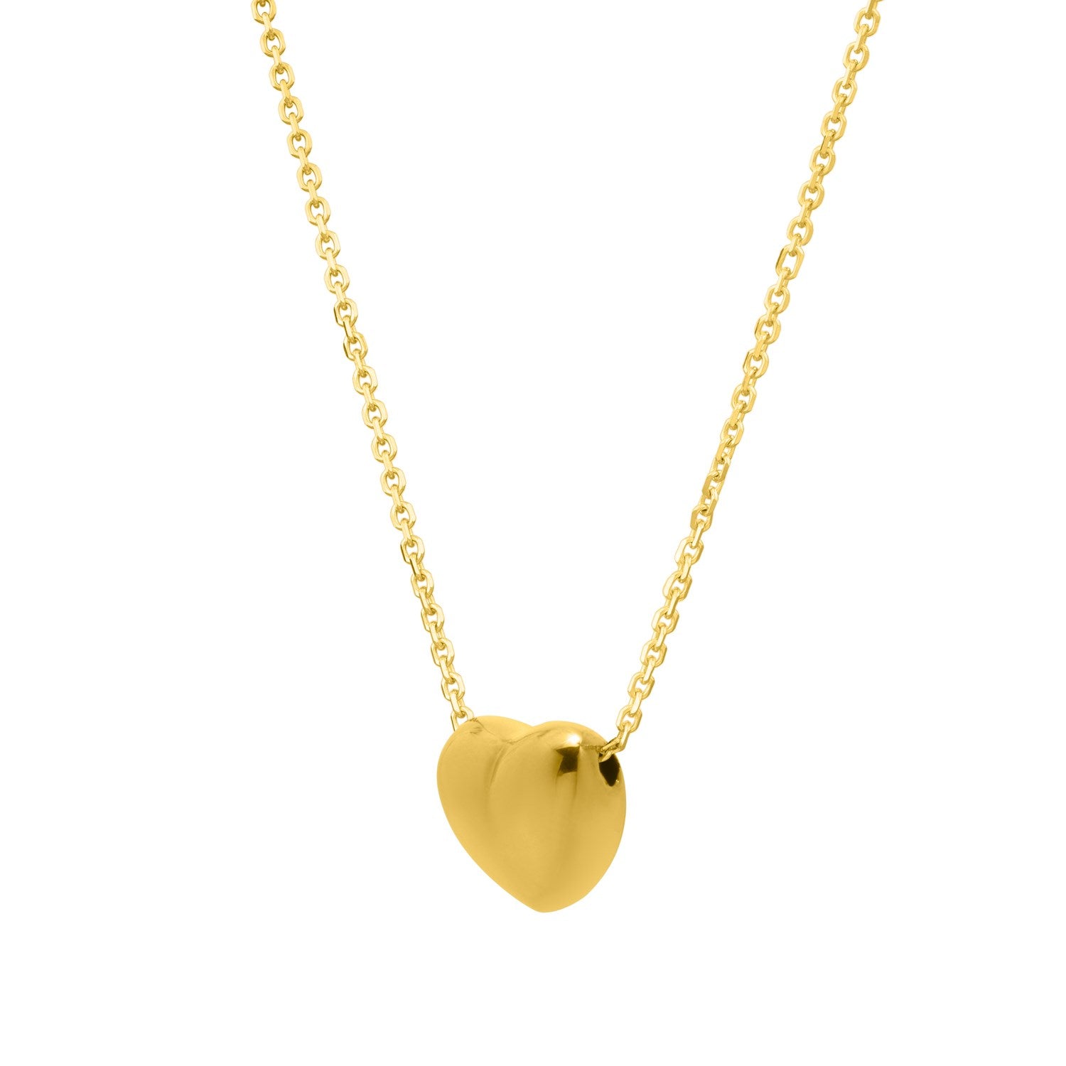 Small Puffed Heart Necklace in 14K Yellow Gold in a sleek high-contrast midnight luxury editorial style