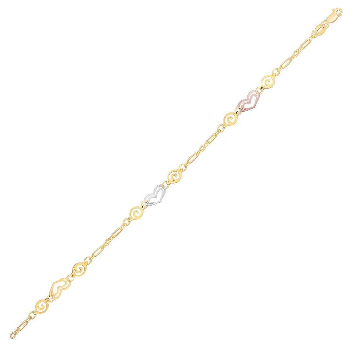 14k Tri-Color Gold Anklet with Multi Color Heart Stations - Peelerie