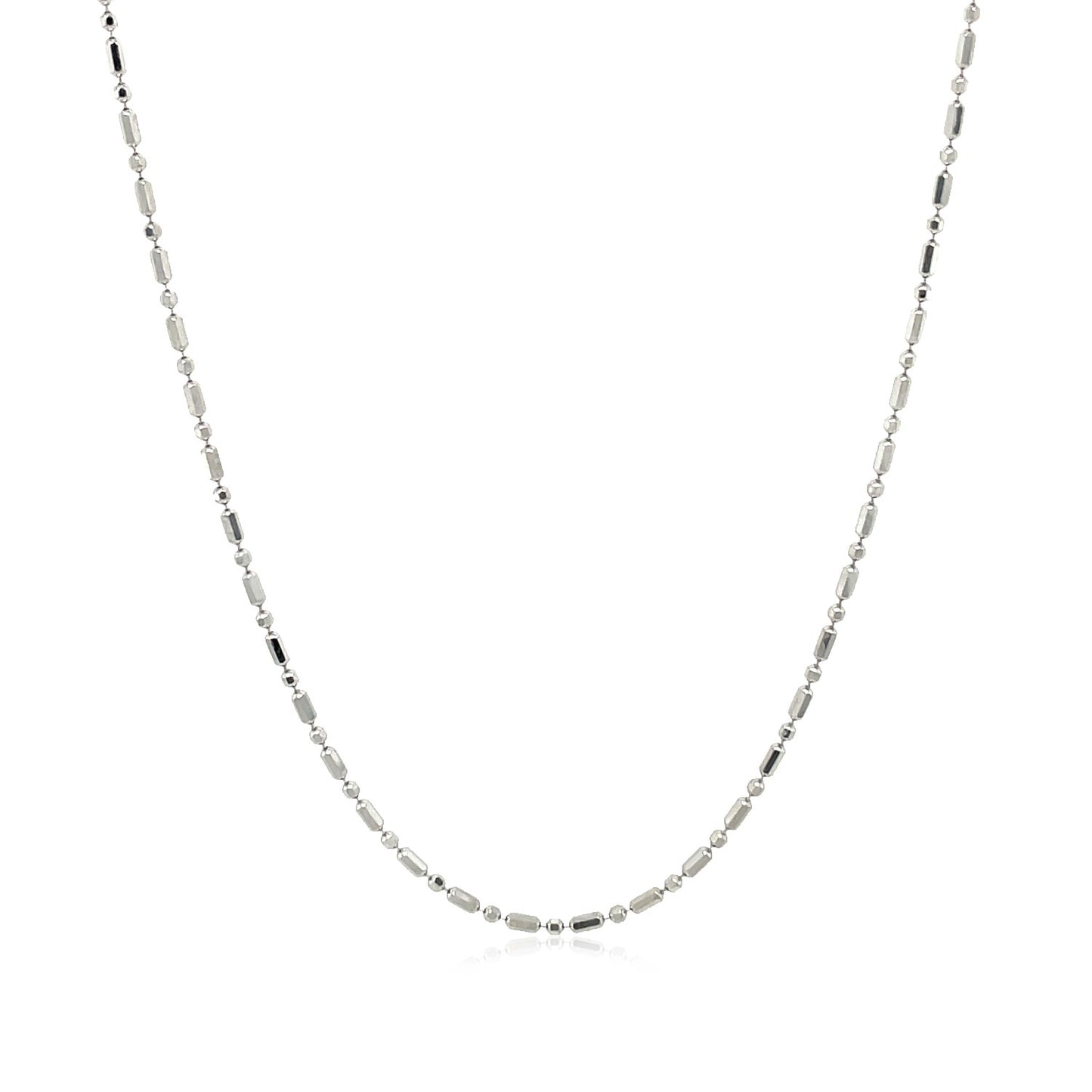 14k White Gold Diamond-Cut Alternating Bead Chain (1.10 mm) in a sleek high-contrast midnight luxury editorial style