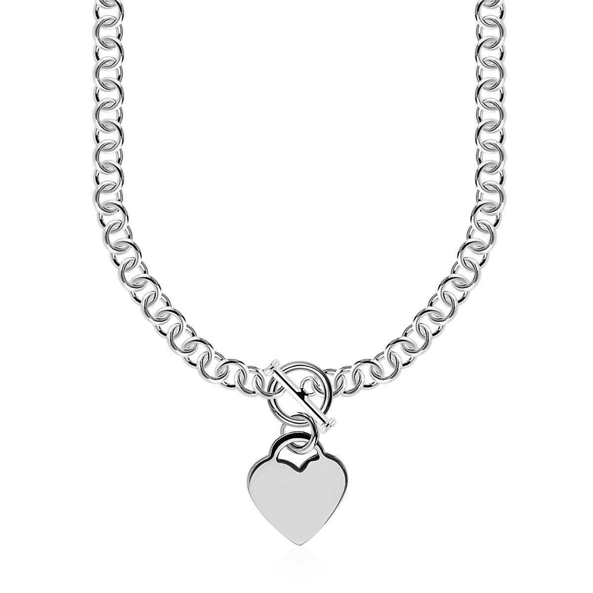 Sterling Silver Rolo Chain with a Heart Toggle Charm and Rhodium Plating in a sleek high-contrast midnight luxury editorial s