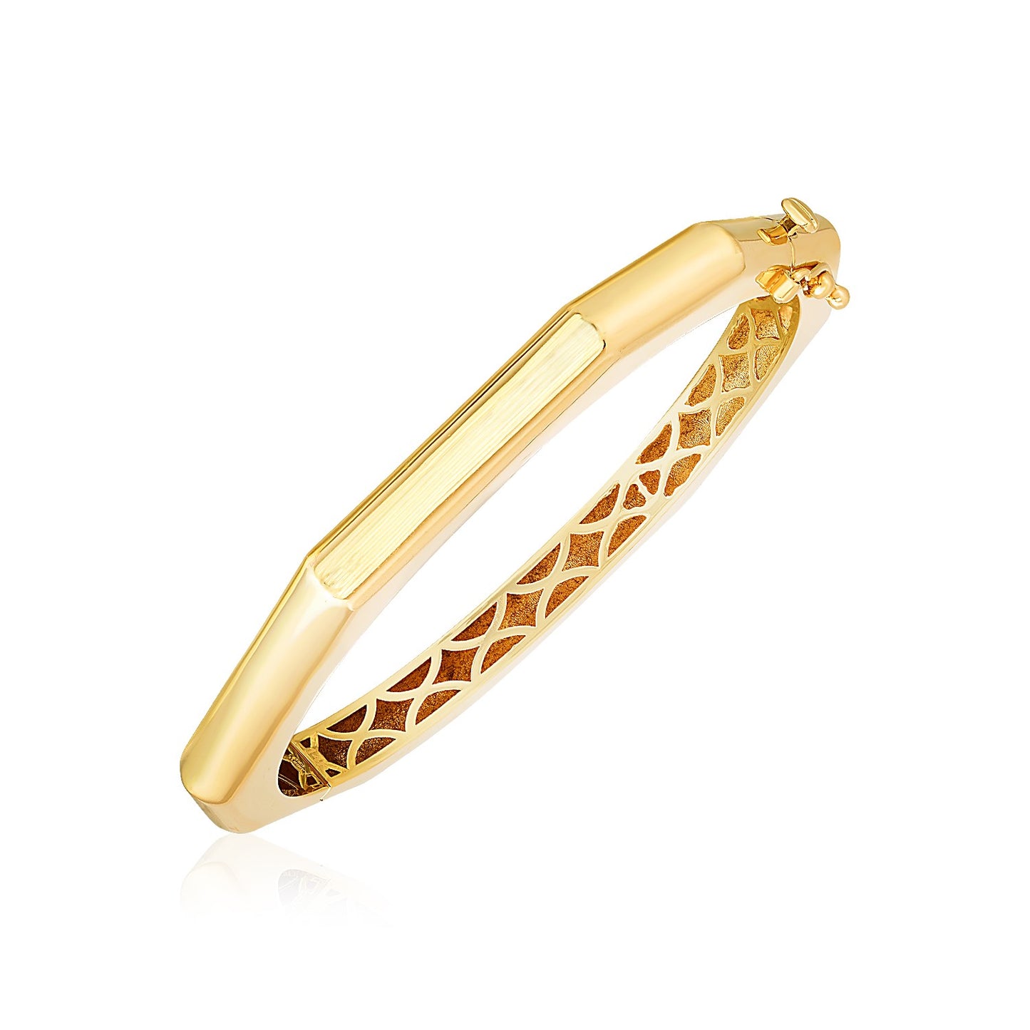 14k Yellow Gold High Polish Geometric Bangle (6.10 mm) in a sleek high-contrast midnight luxury editorial style