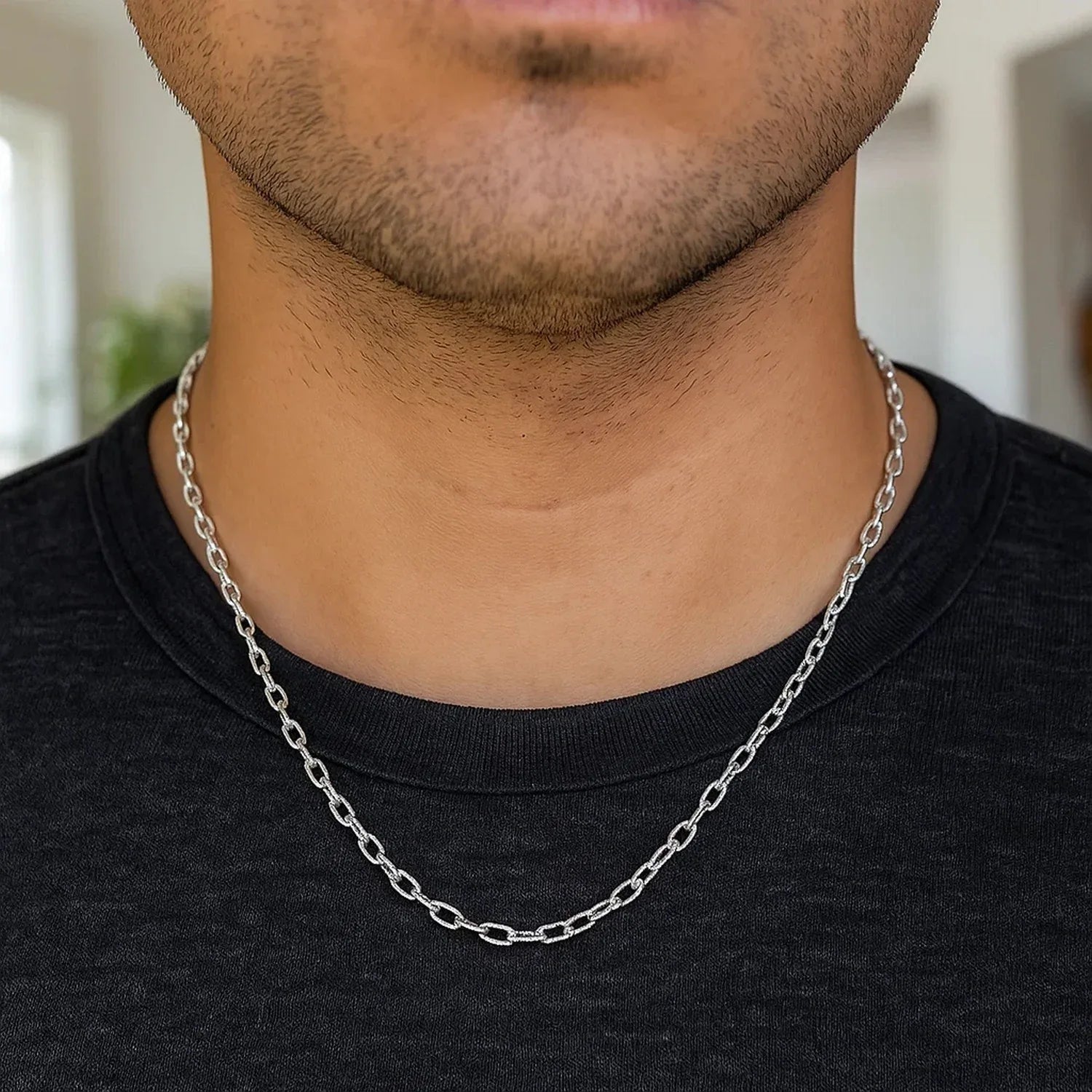 14k White Gold Pendant Chain with Textured Links (2.90 mm) - Peelerie