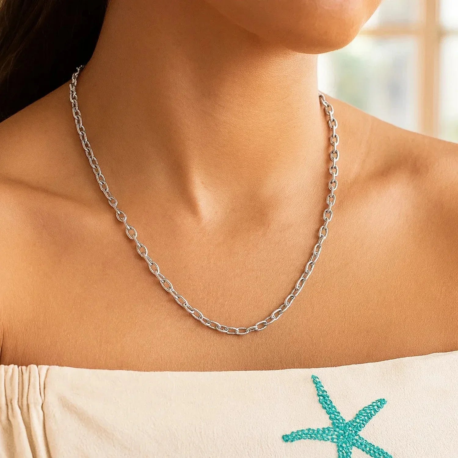 14k White Gold Pendant Chain with Textured Links (2.90 mm) - Peelerie