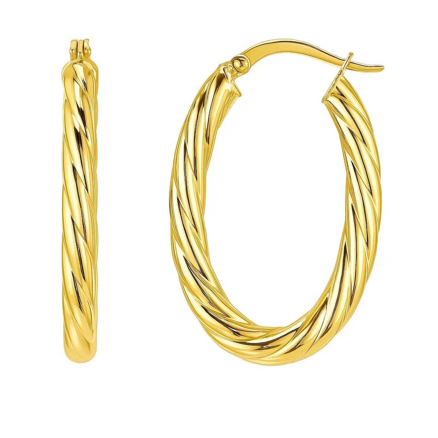 14k Yellow Gold Twisted Cable Oval Hoop Earrings in a sleek high-contrast midnight luxury editorial style
