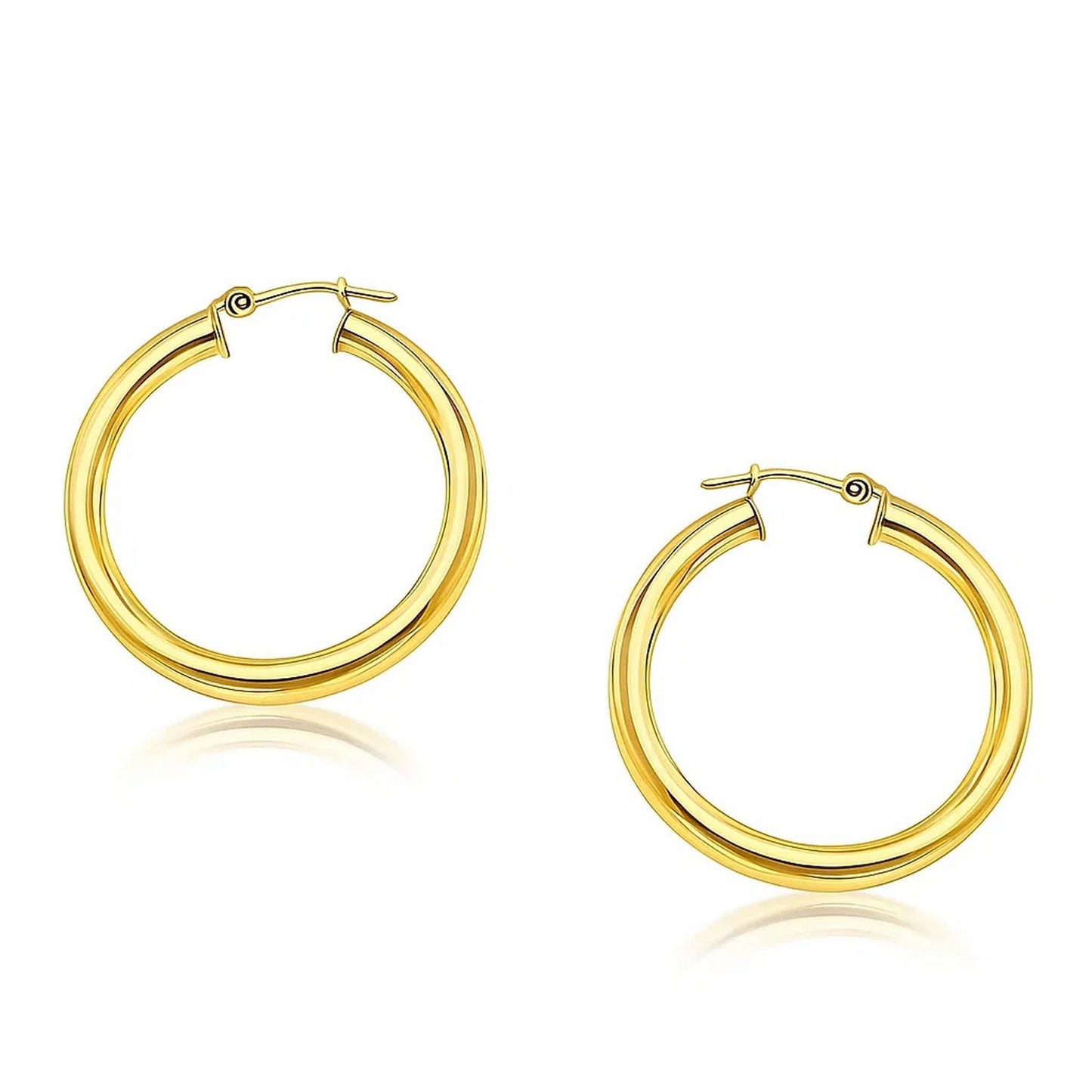 14k Yellow Gold Polished Hoop Earrings (4x30 mm) in a sleek high-contrast midnight luxury editorial style