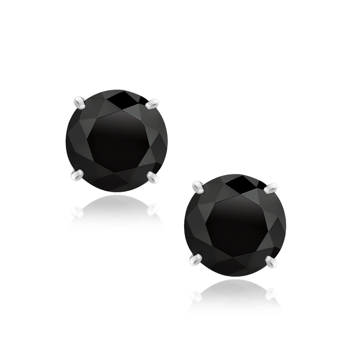 14k White Gold 8.0mm Round Black CZ Stud Earrings in a sleek high-contrast midnight luxury editorial style