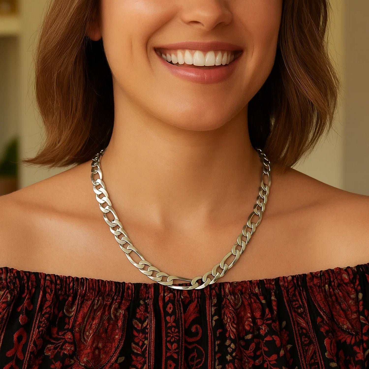 Rhodium Plated 8.8mm Sterling Silver Figaro Style Chain (8.80 mm) - Peelerie