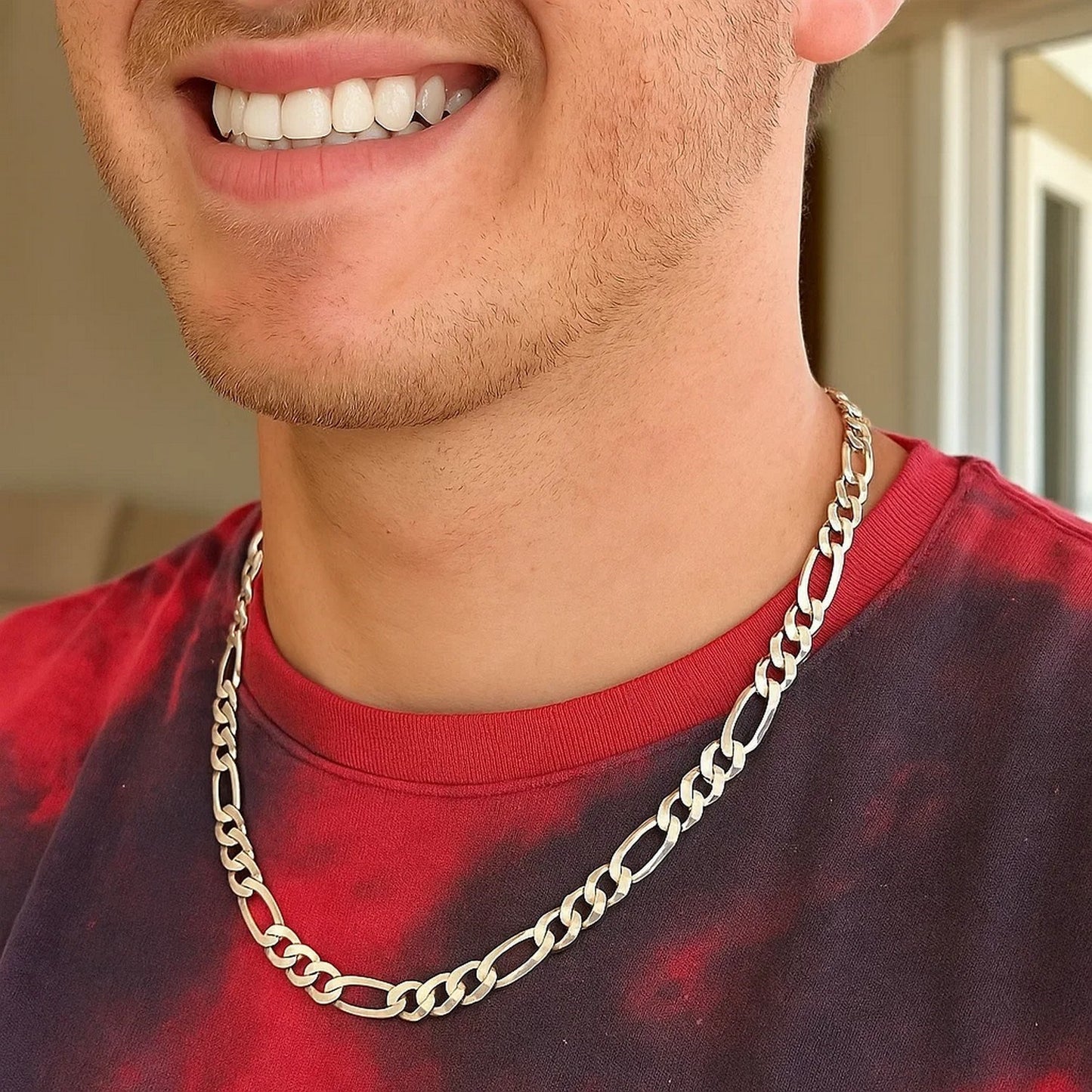 Rhodium Plated 8.8mm Sterling Silver Figaro Style Chain (8.80 mm) - Peelerie