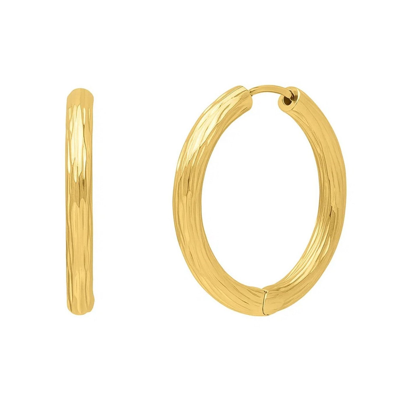 Endless Engraved Round Hoop Earrings in 14K Yellow Gold in a sleek high-contrast midnight luxury editorial style