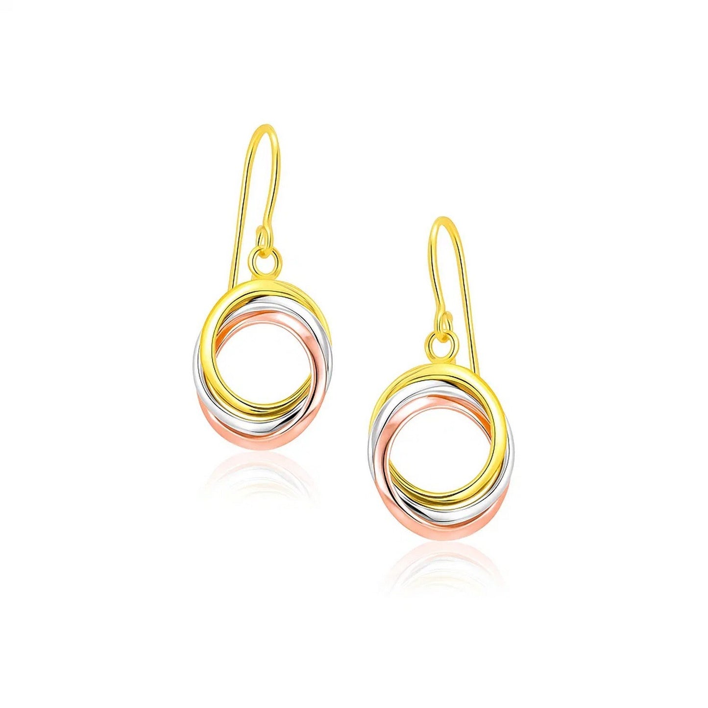14k Tri-Color Gold Open Entwined Ring Earrings in a sleek high-contrast midnight luxury editorial style