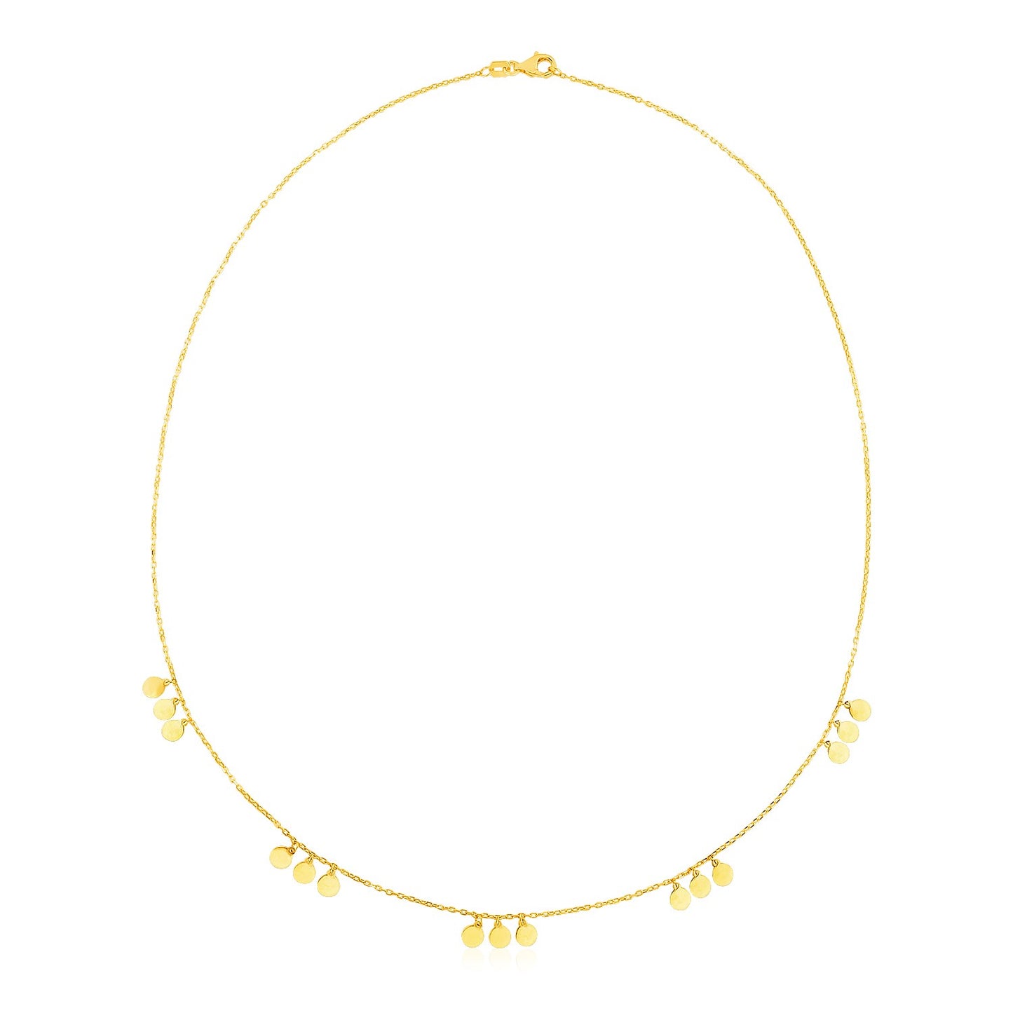 14k Yellow Gold Necklace with Circle Dangle Stations in a sleek high-contrast midnight luxury editorial style