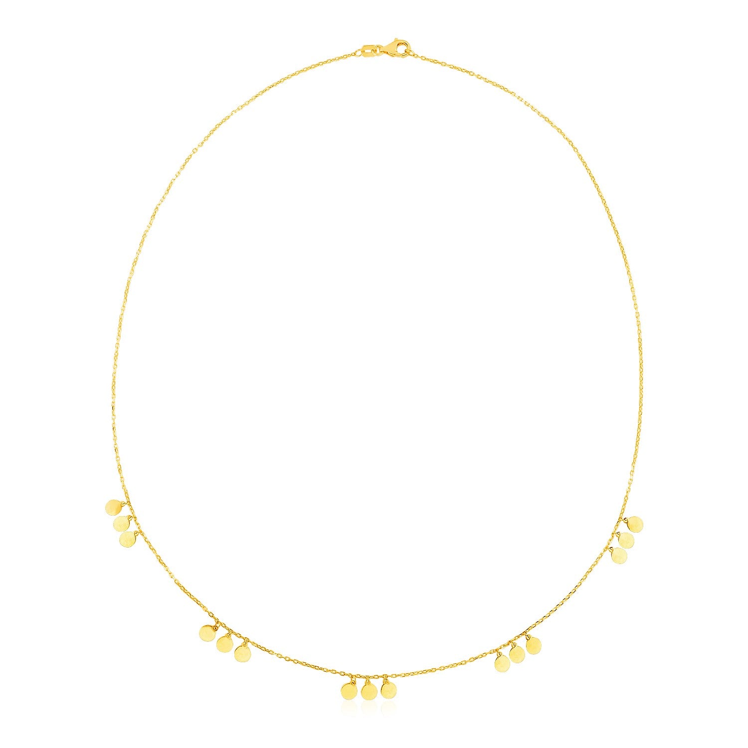 14k Yellow Gold Necklace with Circle Dangle Stations in a sleek high-contrast midnight luxury editorial style