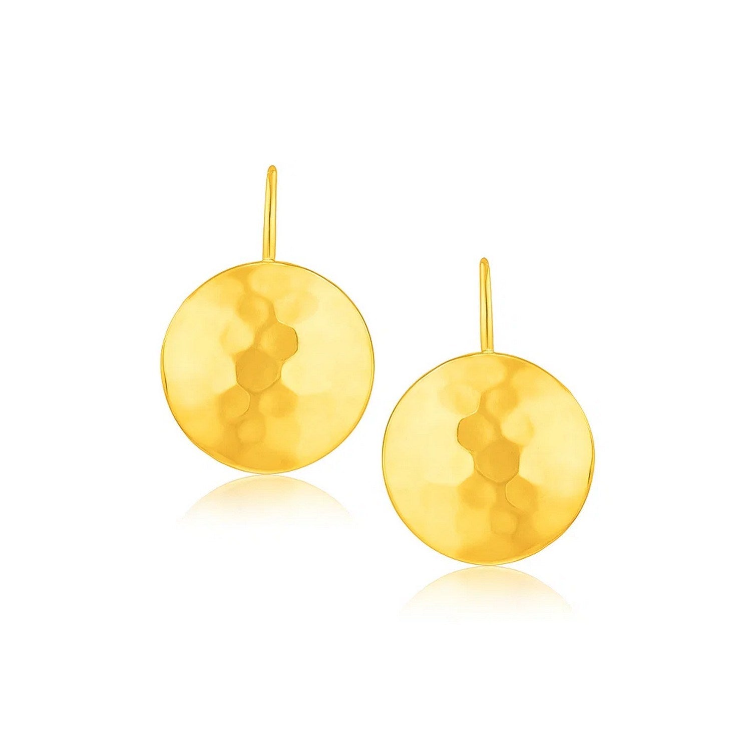 14k Yellow Gold Hammered Texture Disc Drop Earrings Medium in a sleek high-contrast midnight luxury editorial style