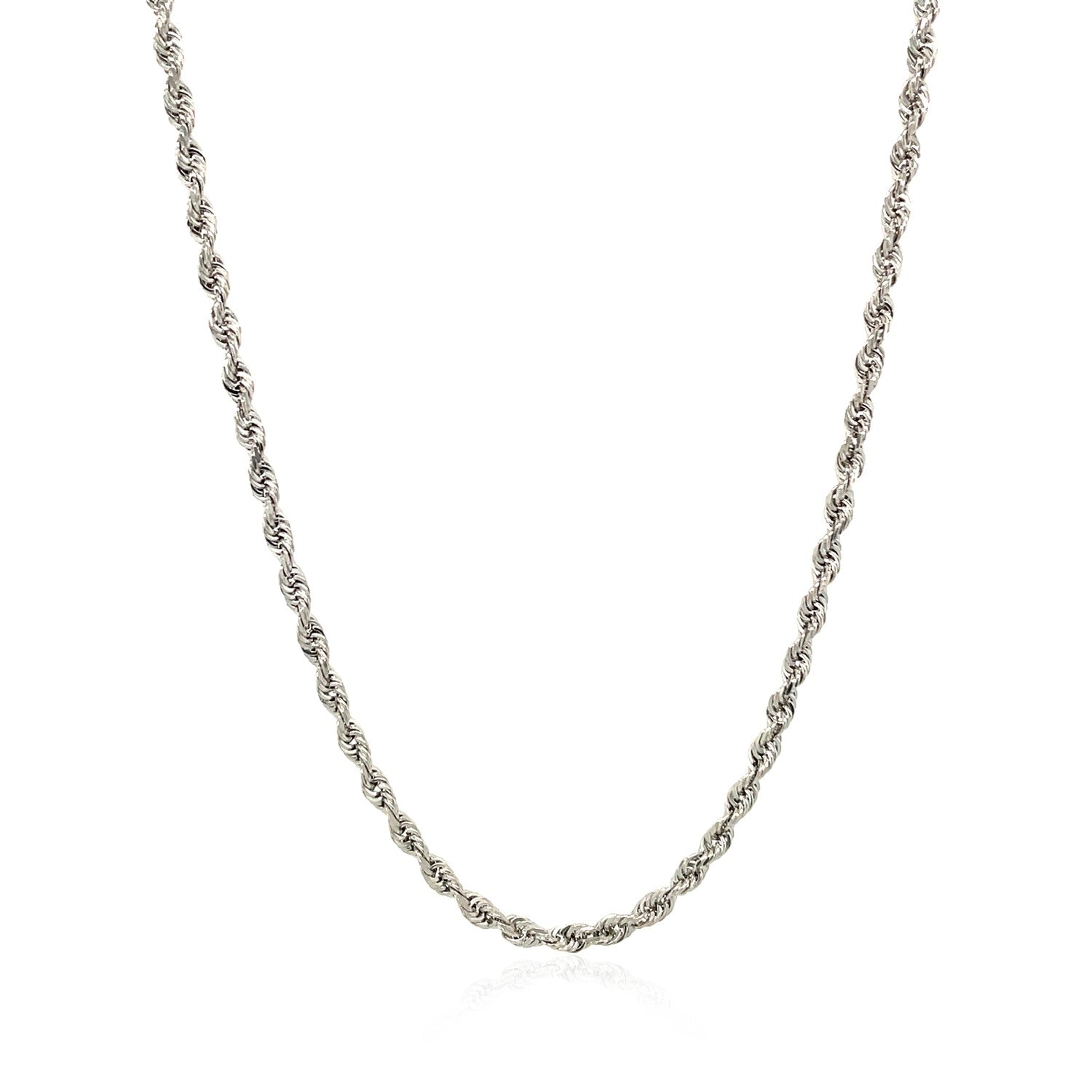14k White Gold Solid Diamond Cut Rope Chain (2.50 mm) in a sleek high-contrast midnight luxury editorial style