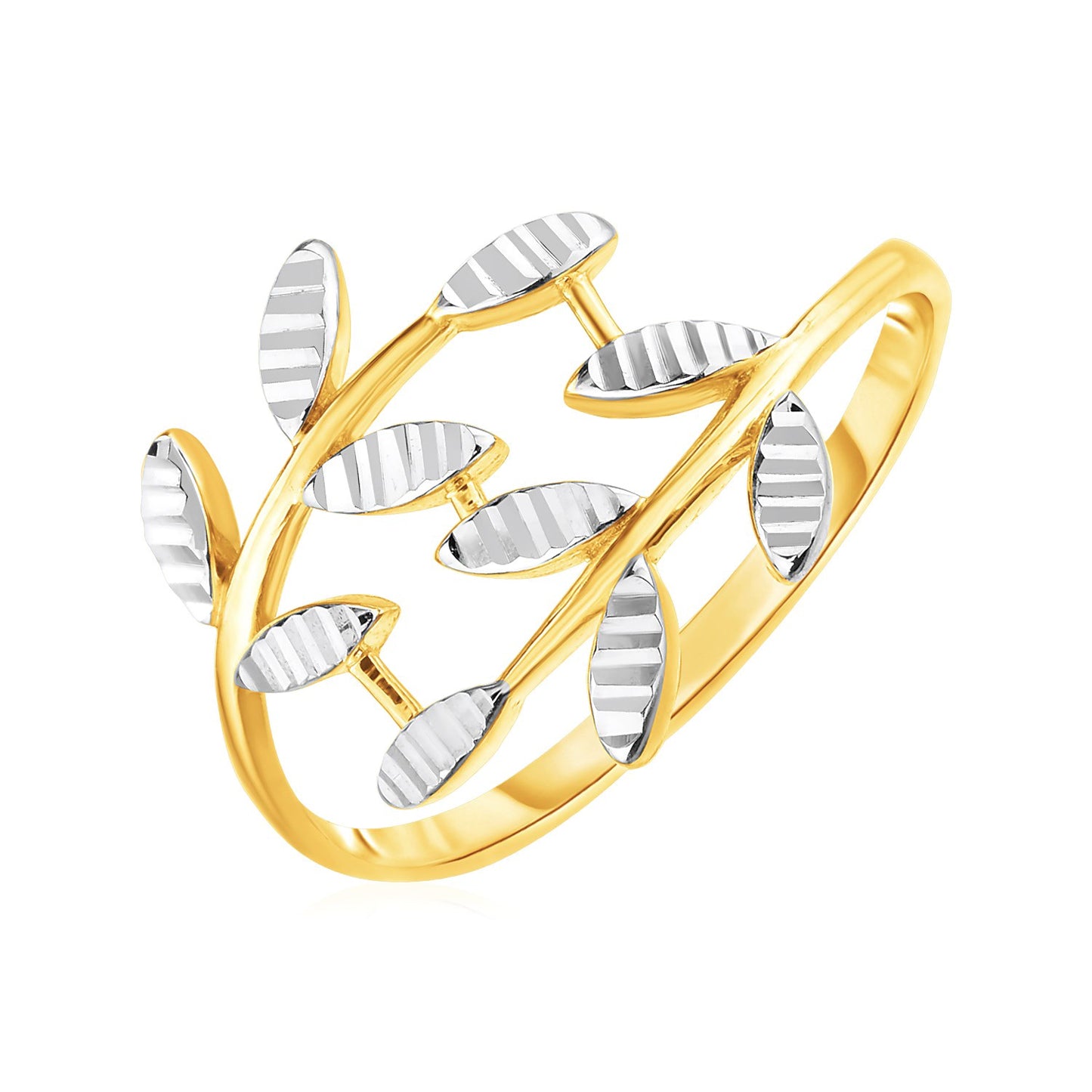 14k Two Tone Gold Crossover Ring with Textured Leaves(1.50 mm) in a sleek high-contrast midnight luxury editorial style