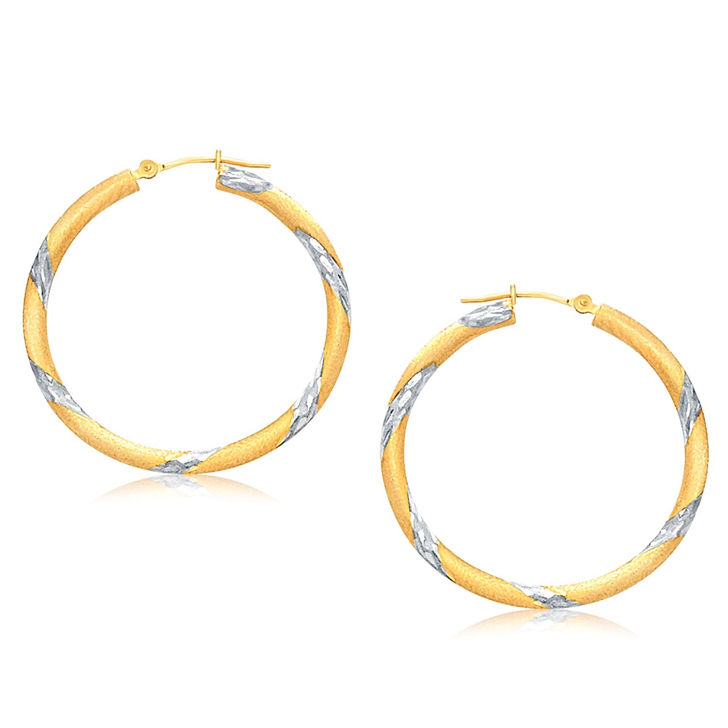 14k Two Tone Gold Polished Hoop Earrings (3x30mm) in a sleek high-contrast midnight luxury editorial style