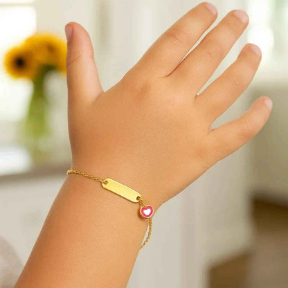 14k Yellow Gold 5 1/2 inch Childrens ID Bracelet with Enameled Heart (1.00 mm)