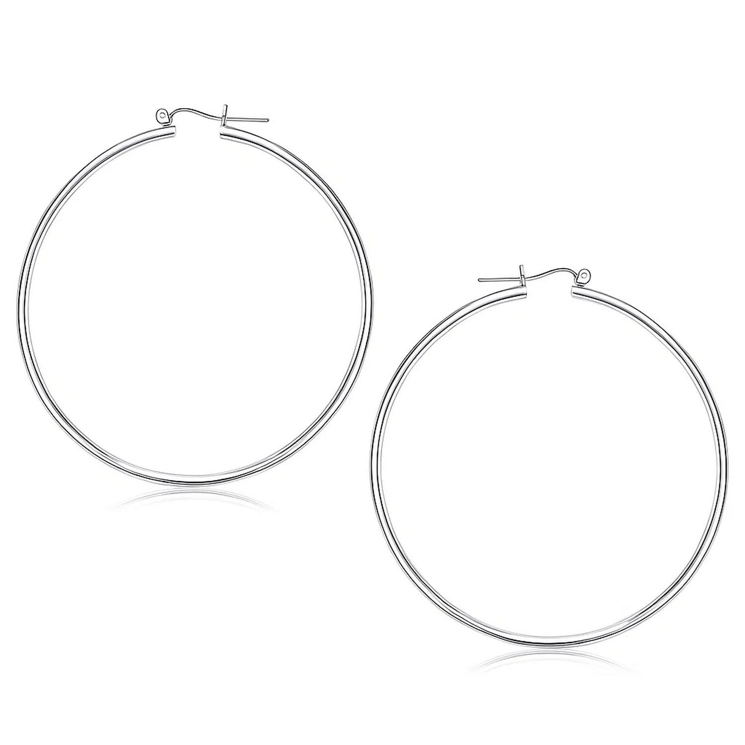 14k White Gold Polished Hoop Earrings (2x60mm) in a sleek high-contrast midnight luxury editorial style