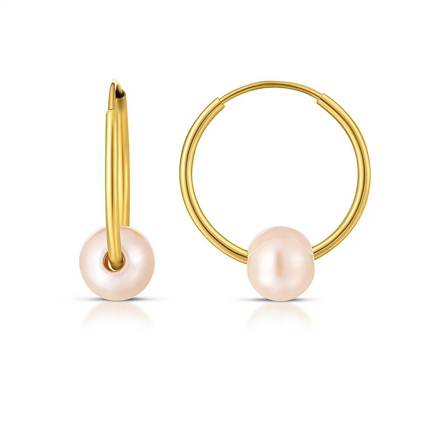 14k Yellow Gold Round Endless Pearl Earring(1x14mm) in a sleek high-contrast midnight luxury editorial style