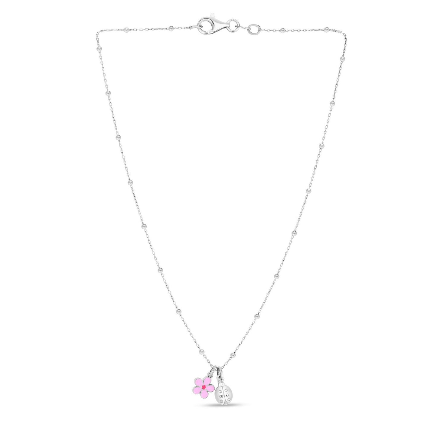 Sterling Silver Rhodium Plated Enamel Flower and Ladybug Necklace