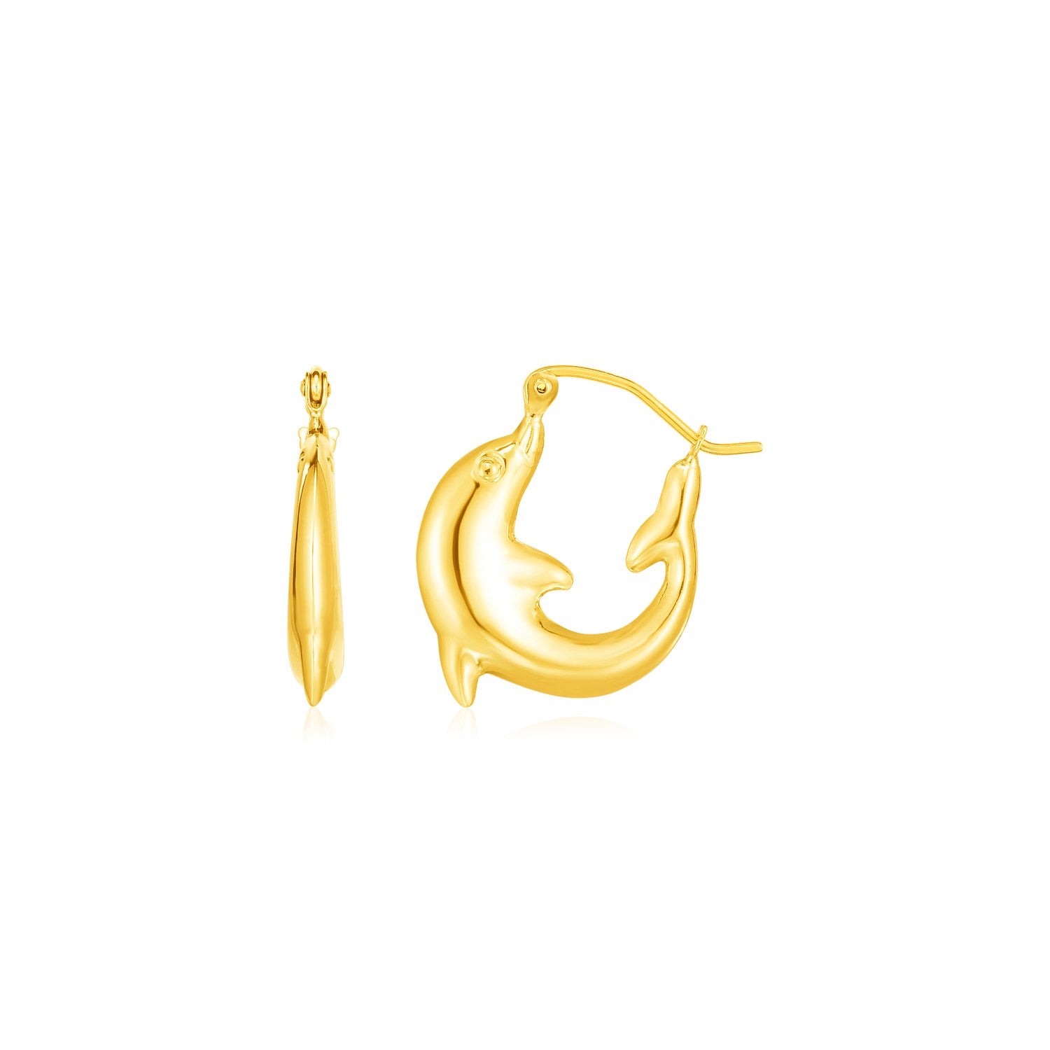 14K Yellow Gold Dolphin Hoop Earrings in a sleek high-contrast midnight luxury editorial style