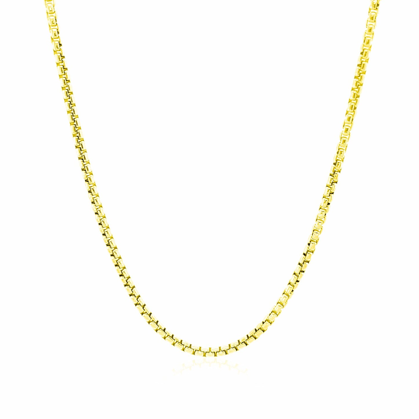 14k Yellow Gold Round Box Chain (1.8 mm) in a sleek high-contrast midnight luxury editorial style