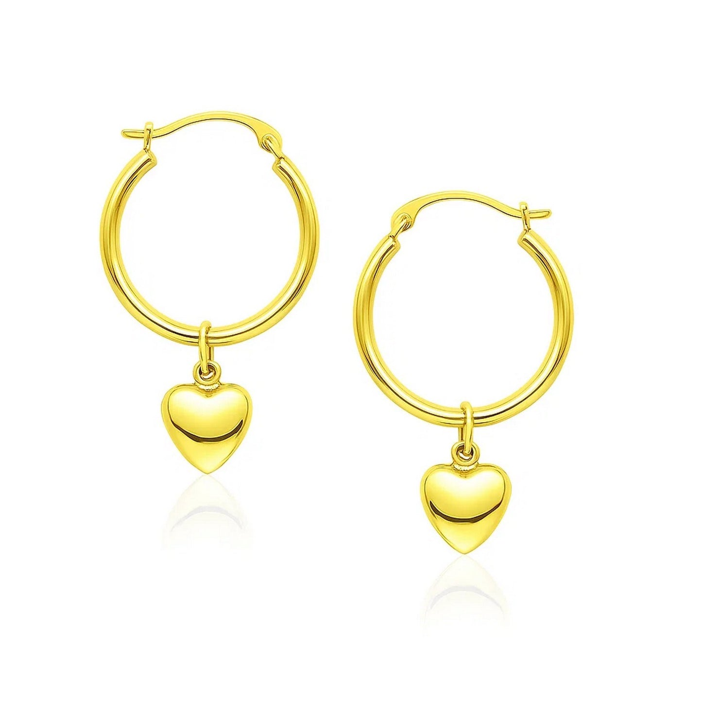 14k Yellow Gold Hoop Earrings with Dangling Puffed Heart in a sleek high-contrast midnight luxury editorial style