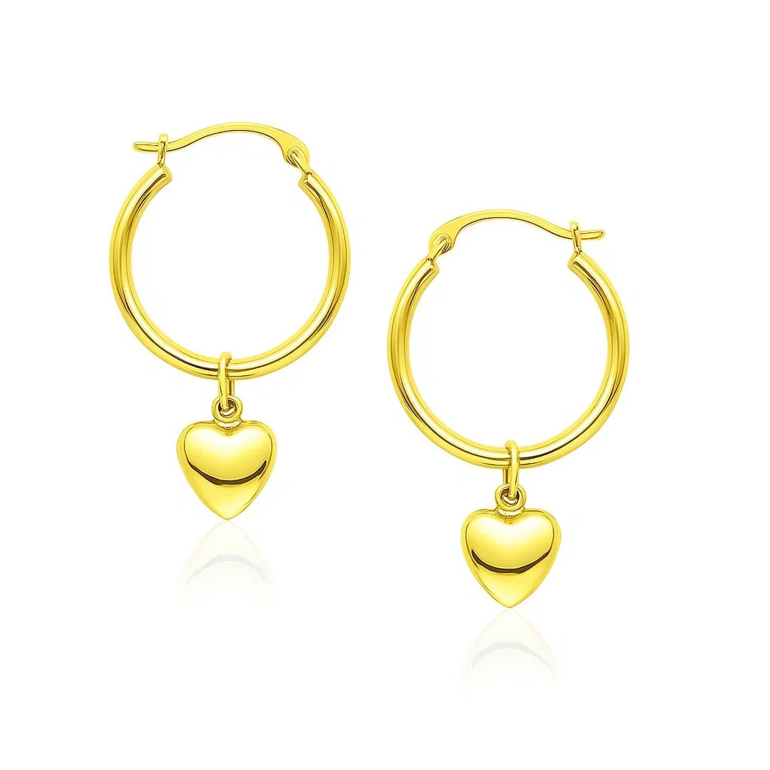 14k Yellow Gold Hoop Earrings with Dangling Puffed Heart in a sleek high-contrast midnight luxury editorial style