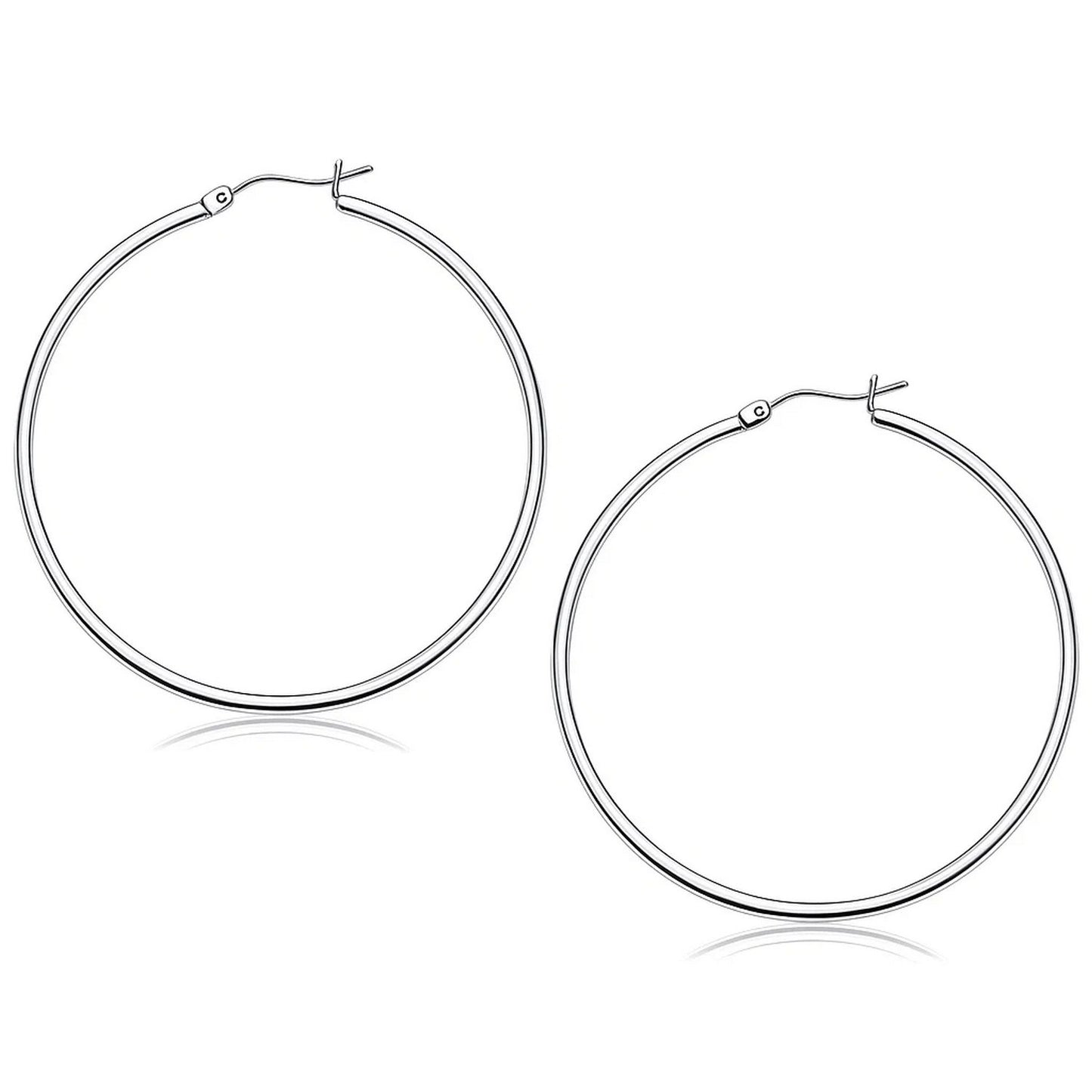 14k White Gold Polished Hoop Earrings (2x50 mm) in a sleek high-contrast midnight luxury editorial style