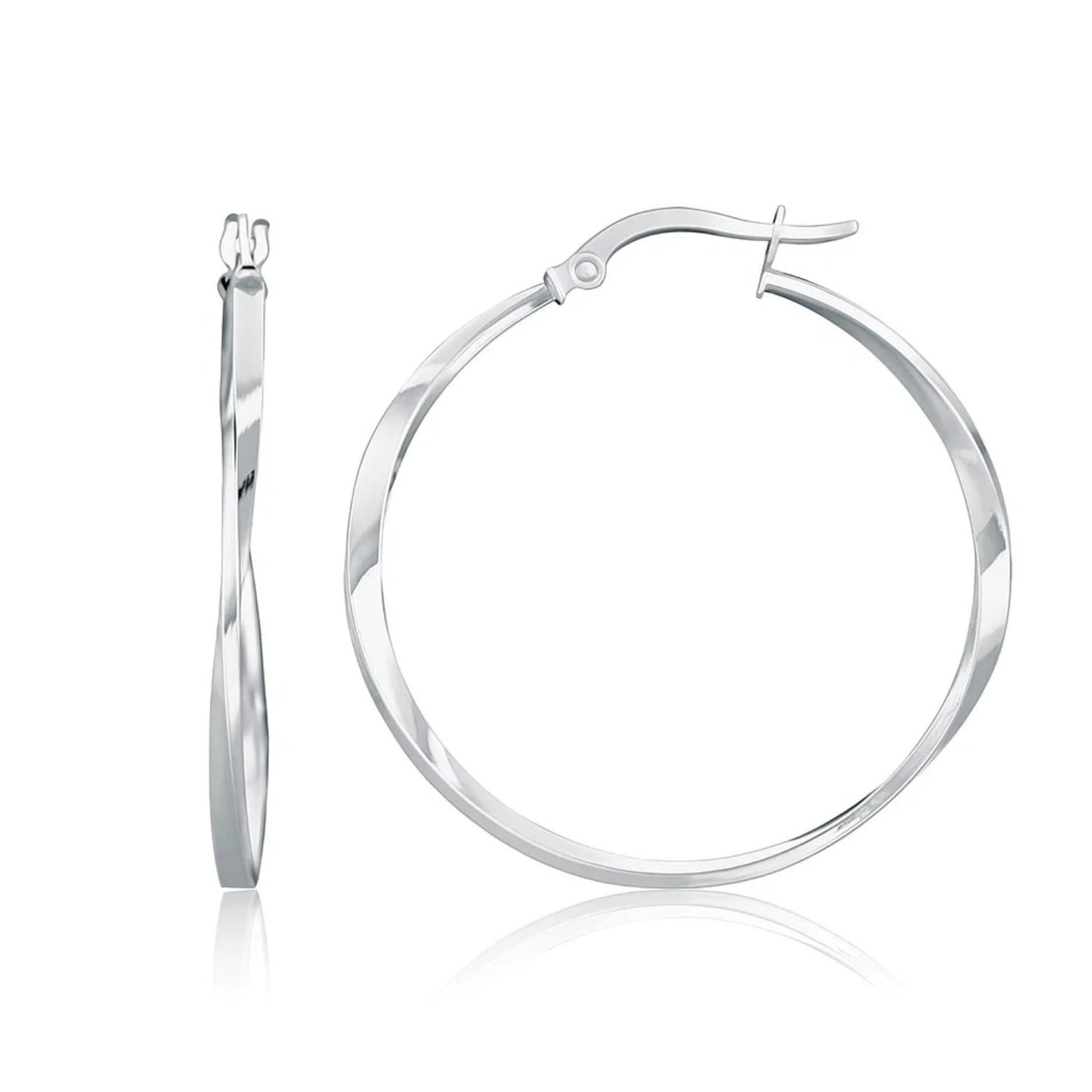 14k White Gold Mobius Twisted Hoop Earrings(1.5x50mm) in a sleek high-contrast midnight luxury editorial style