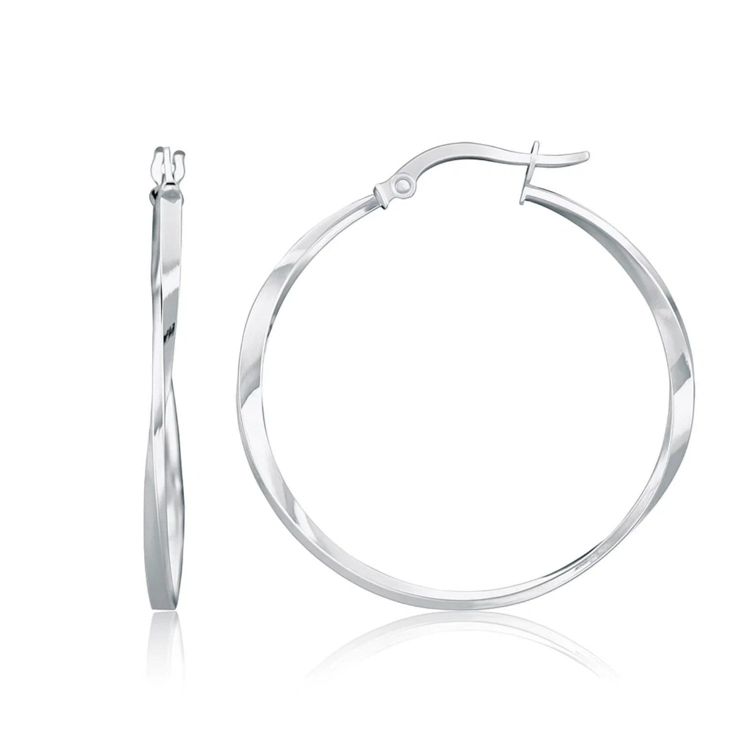 14k White Gold Mobius Twisted Hoop Earrings(1.5x50mm) in a sleek high-contrast midnight luxury editorial style