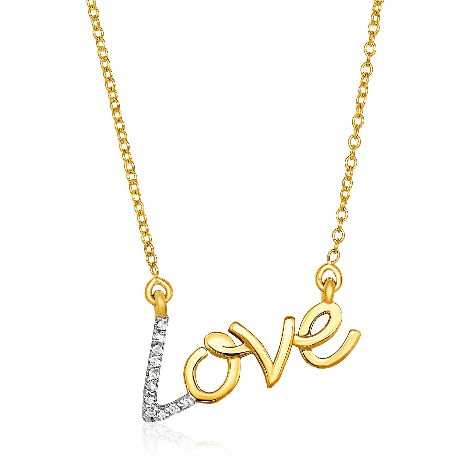 14k Yellow Gold 18 inch Necklace with Gold and Diamond Love Symbol in a sleek high-contrast midnight luxury editorial style