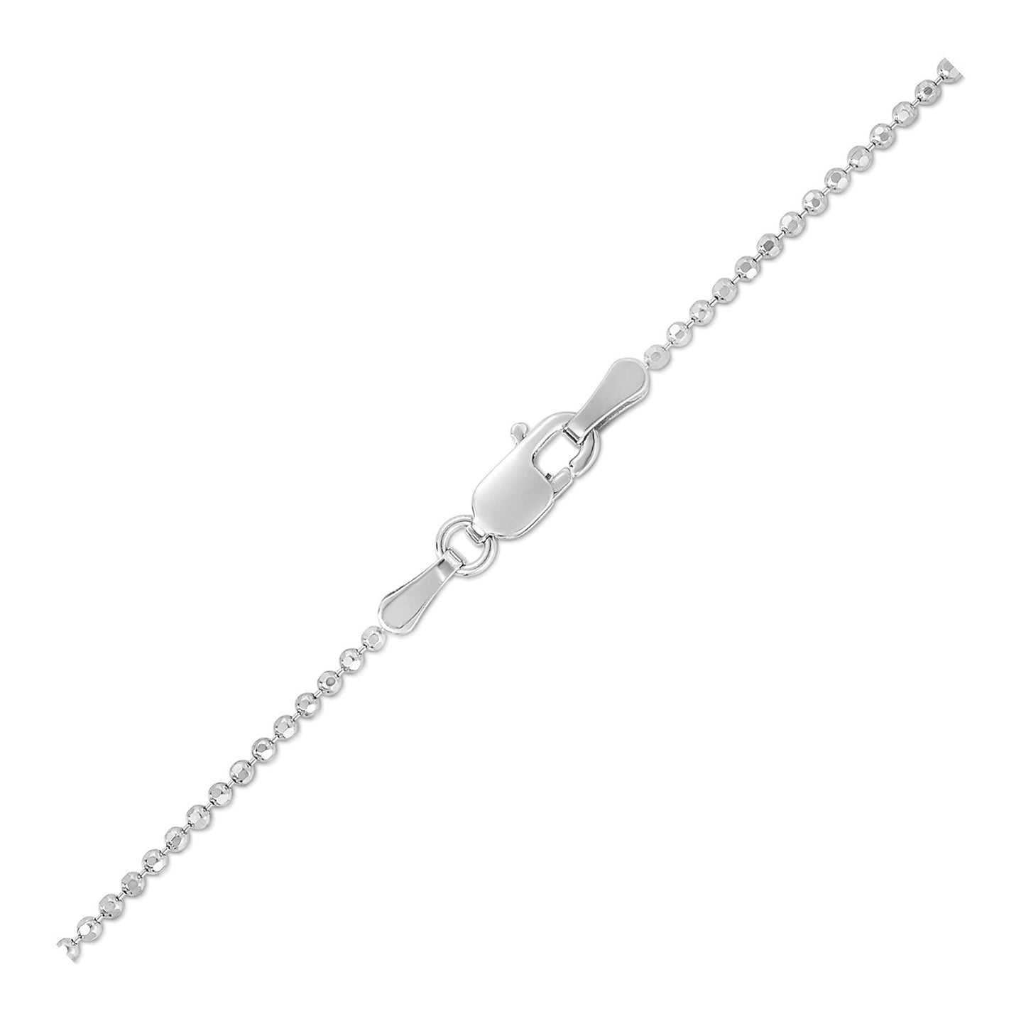 14k White Gold Diamond-Cut Bead Chain (1.10 mm) in a sleek high-contrast midnight luxury editorial style