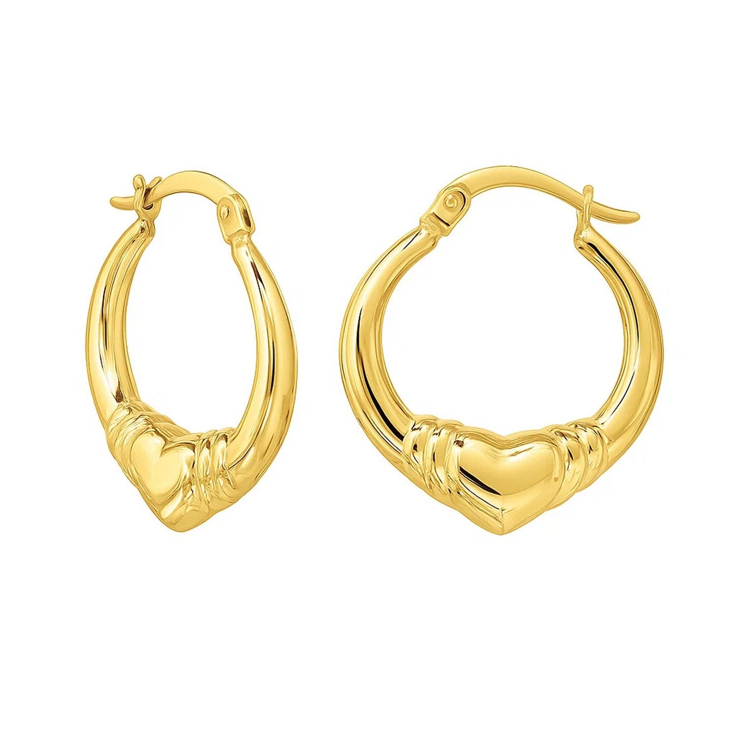 Large Heart Hoop Earrings in 14K Yellow Gold in a sleek high-contrast midnight luxury editorial style