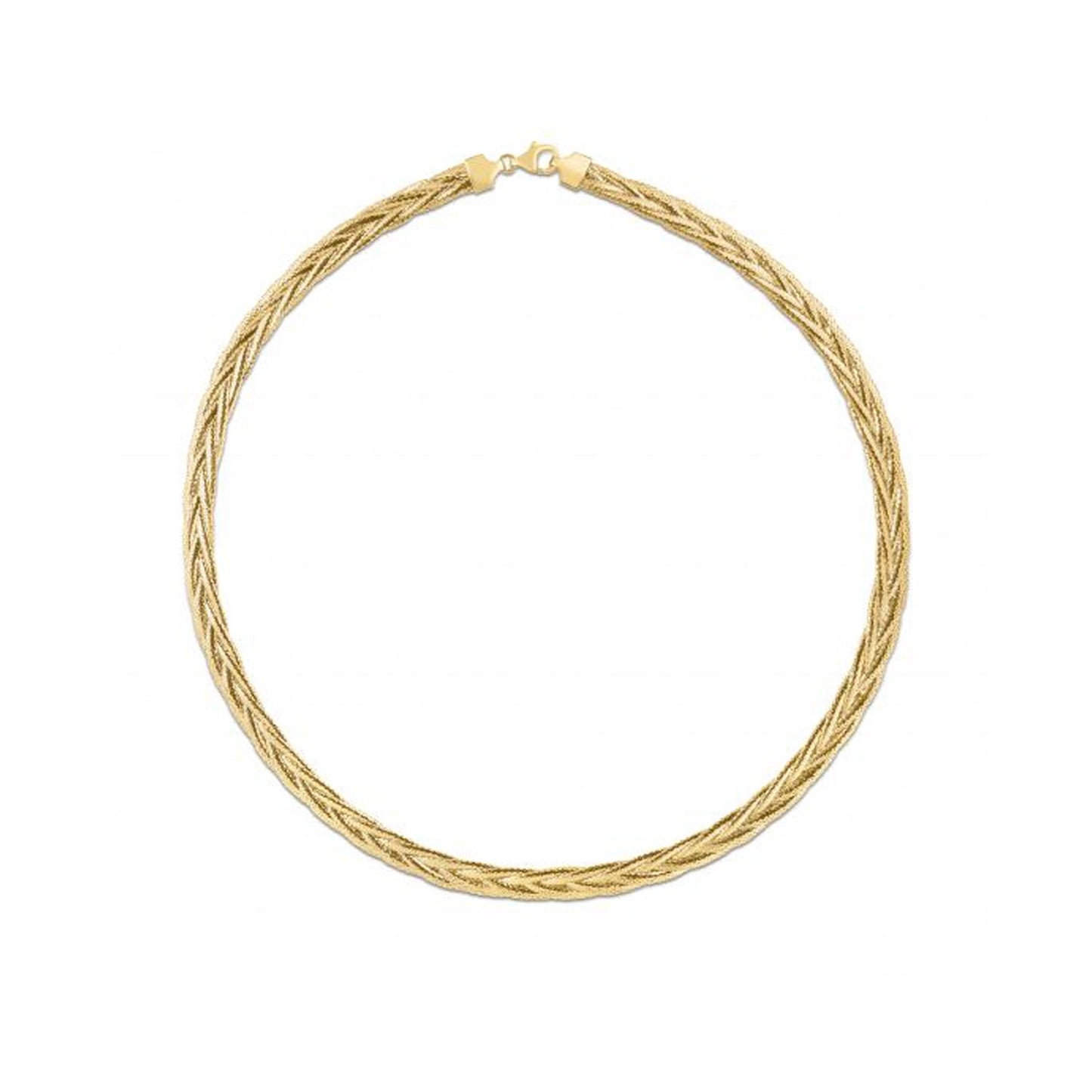 14k Yellow Gold Rapunzel Woven Necklace in a sleek high-contrast midnight luxury editorial style