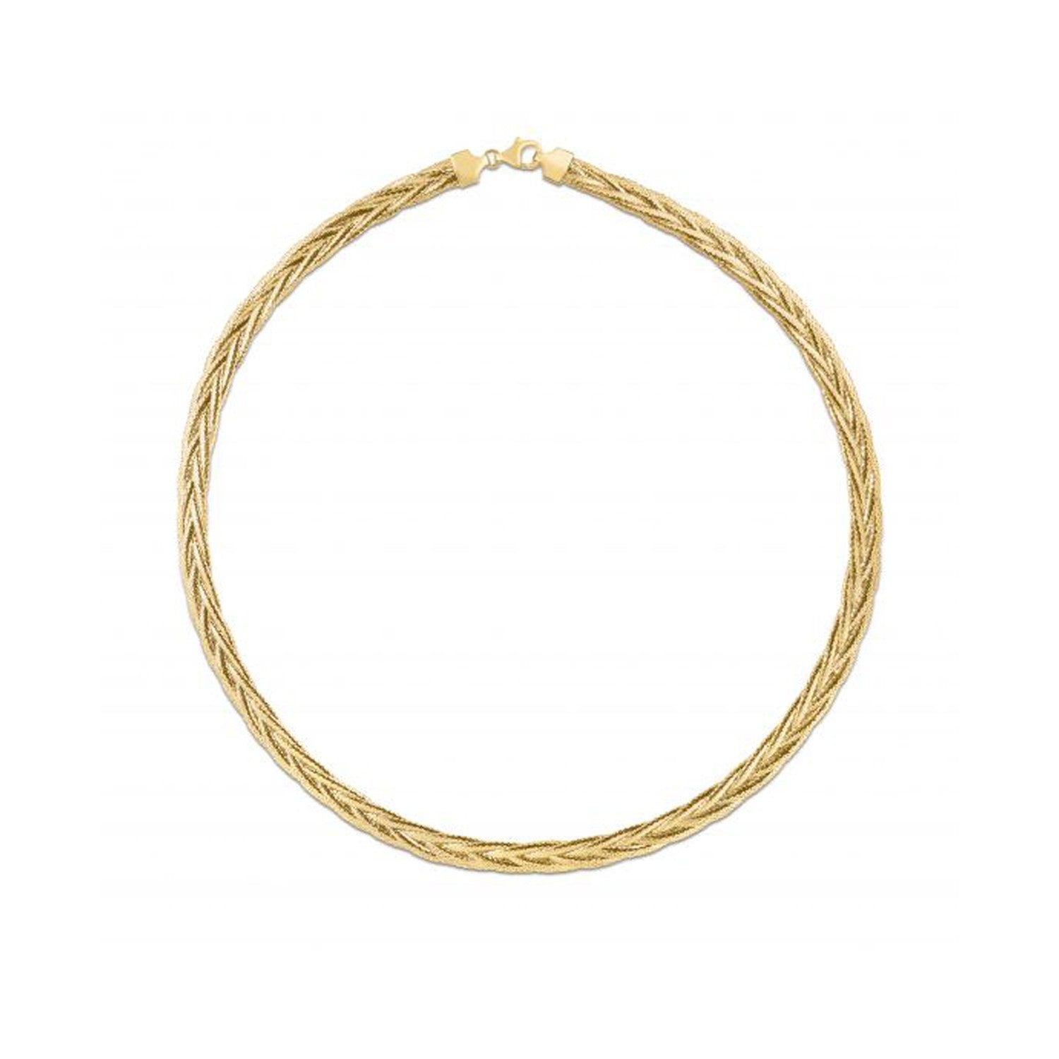 14k Yellow Gold Rapunzel Woven Necklace in a sleek high-contrast midnight luxury editorial style