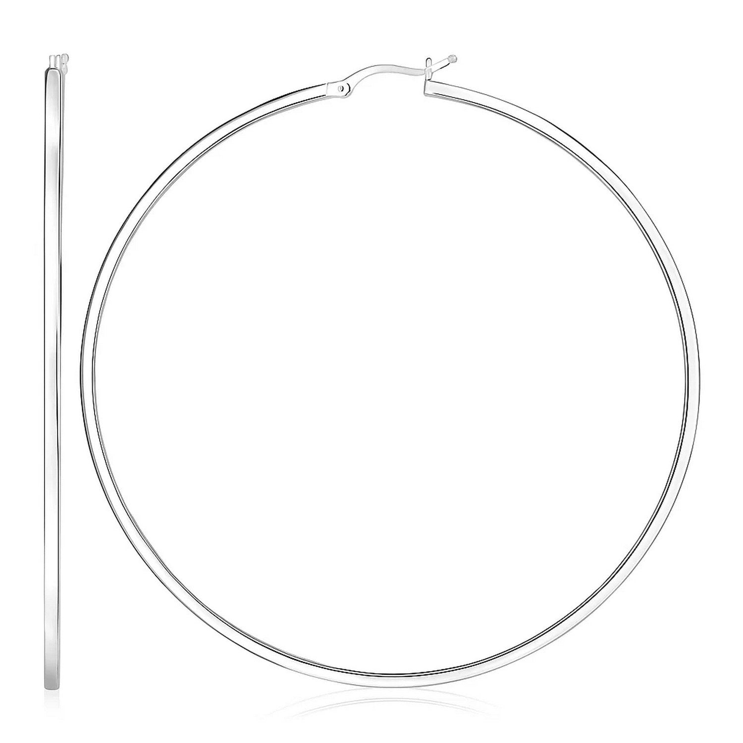 Sterling Silver Large Rectangular Profile Polished Hoop Earrings(75mm) in a sleek high-contrast midnight luxury editorial sty