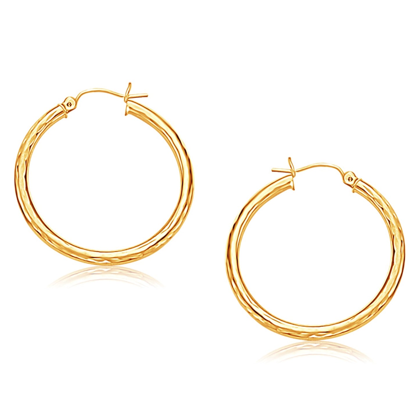 14k Yellow Gold Hoop Earring with Diamond-Cut Finish (3x30mm) in a sleek high-contrast midnight luxury editorial style