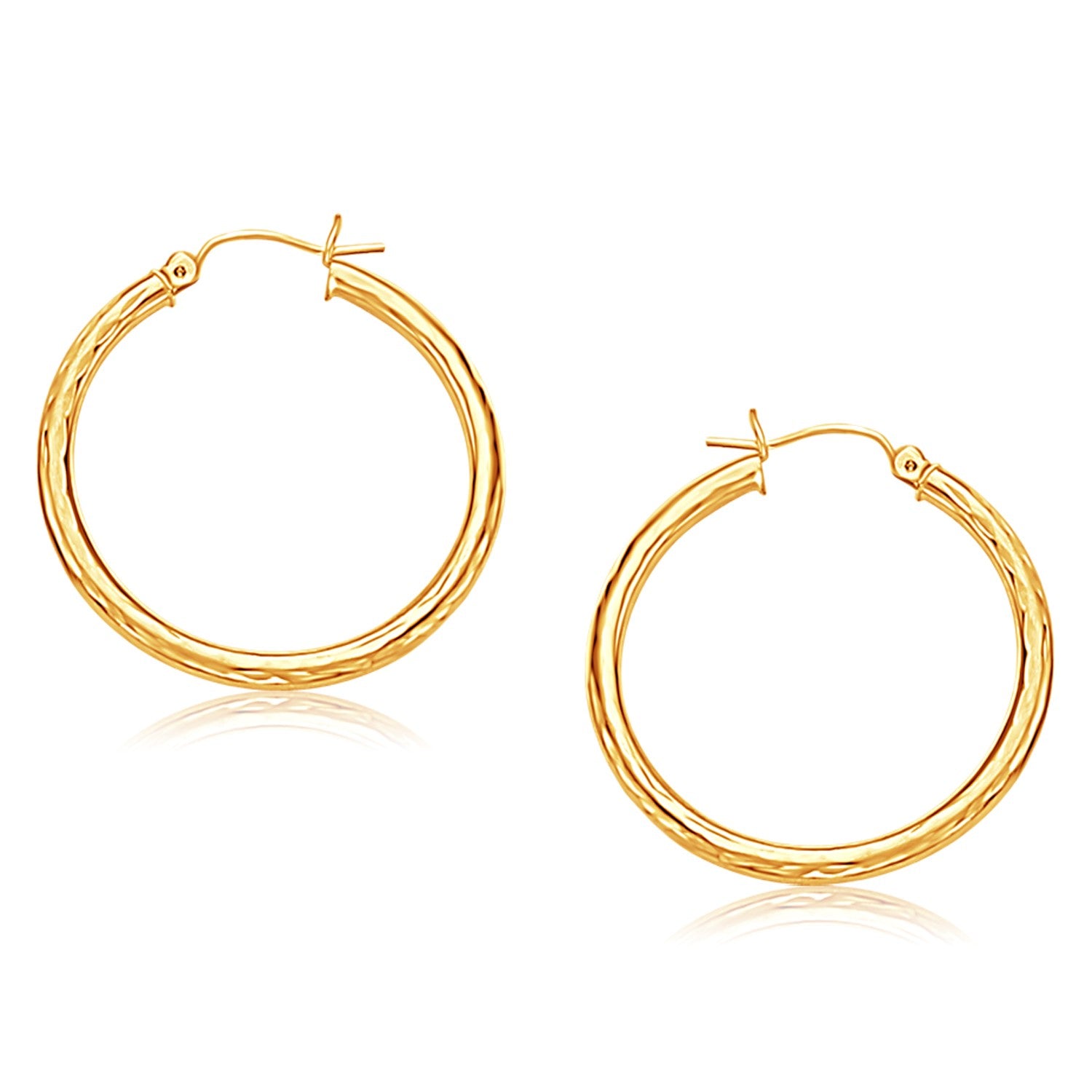 14k Yellow Gold Hoop Earring with Diamond-Cut Finish (3x30mm) in a sleek high-contrast midnight luxury editorial style