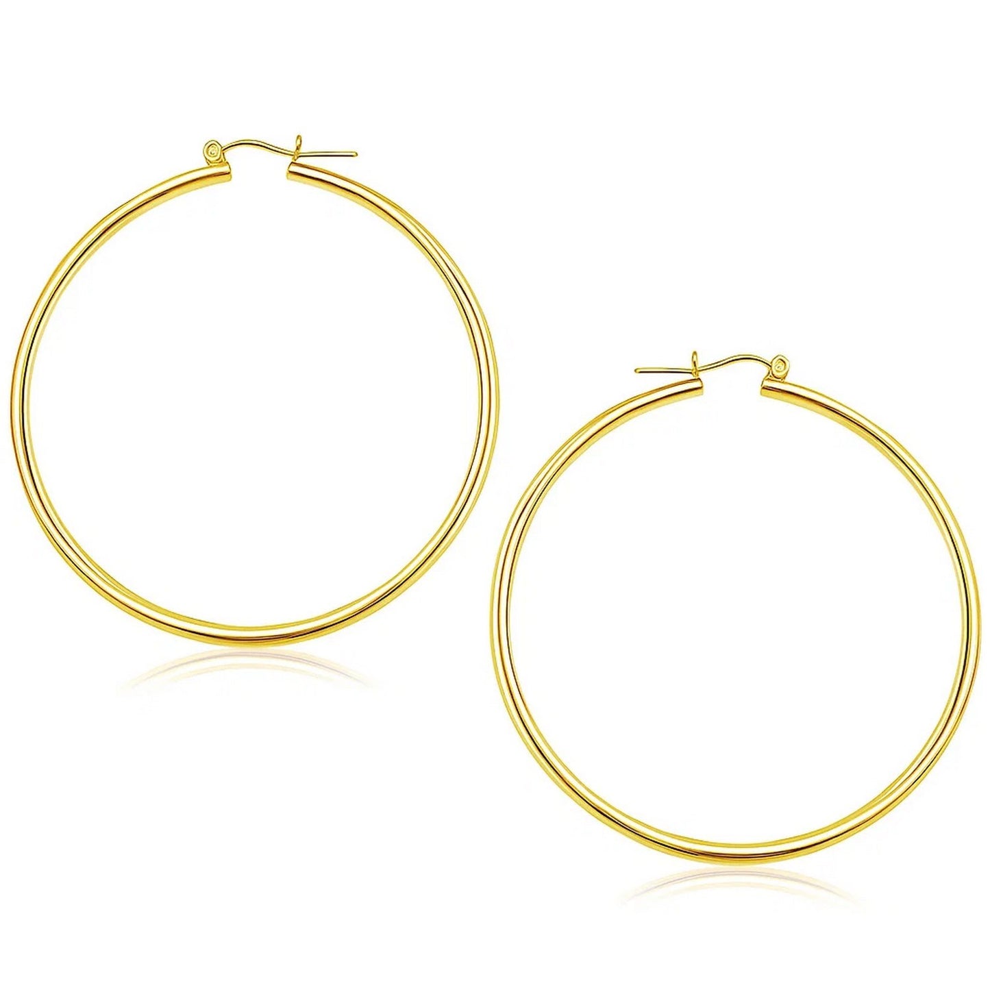 14k Yellow Gold Polished Hoop Earrings (2x55mm) in a sleek high-contrast midnight luxury editorial style