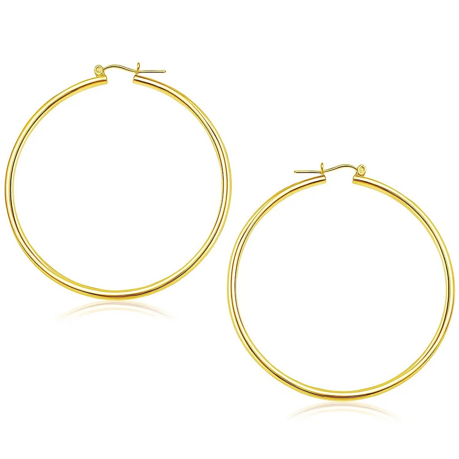 14k Yellow Gold Polished Hoop Earrings (2x55mm) in a sleek high-contrast midnight luxury editorial style
