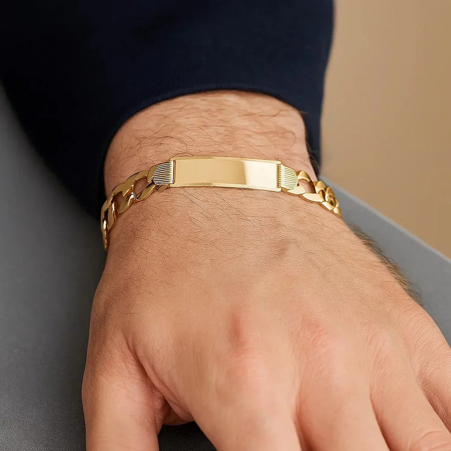 14k Yellow Gold 8 1/2 inch Mens Wide Curb Chain ID Bracelet (10.00 mm) - Peelerie