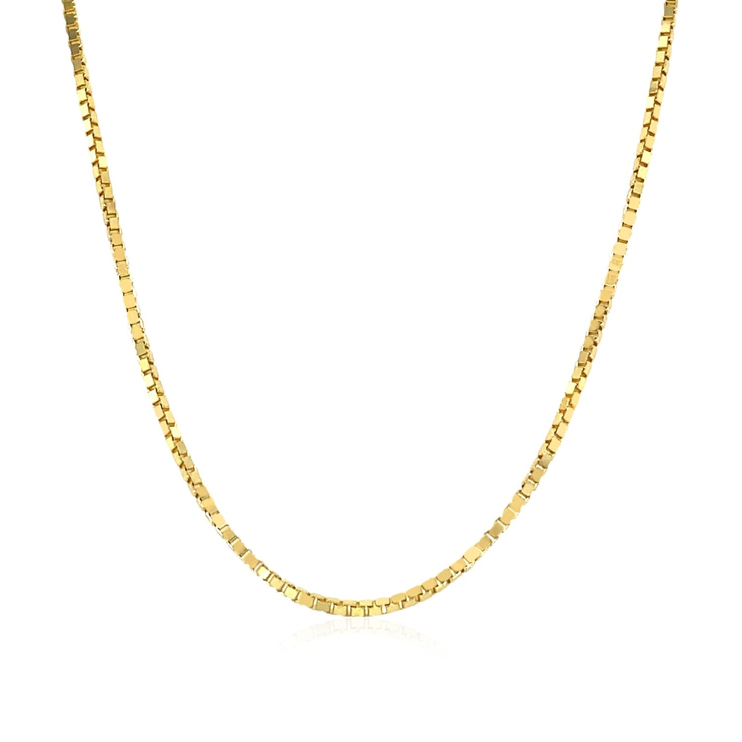 14k Yellow Gold Classic Box Chain (1.1 mm) in a sleek high-contrast midnight luxury editorial style